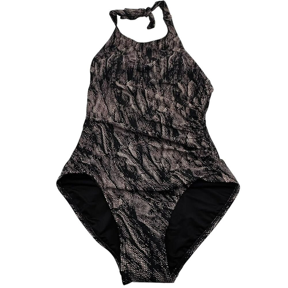 CALVIN KLEIN NEW Women's 8 One Piece Black Tan Print Halter Tie Swimsuit Padded